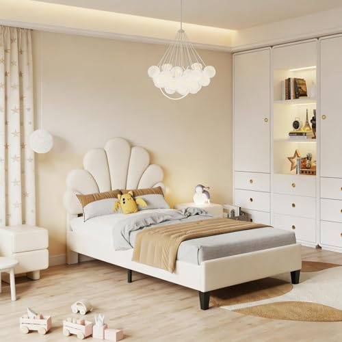PerGar Barnsäng, klädsel, 90 x 200 cm, enkelsäng, ungdomssäng, med sänggavel, vadderad, sängram för flickor, sängram med sänggavel i blomform, sammet, utan madrass (beige)