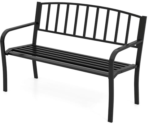 COSTWAY Panchina da Esterno per 2-3 Persone, Panca da Giardino con Schienale a Listelli e Braccioli Curvi, Sedia in Metallo per Portico, Cortile e Parco (Nero, 127 x 59 x 85.5 cm)