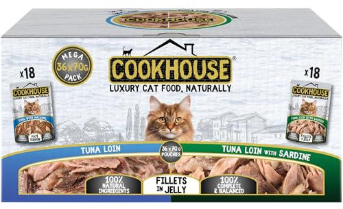 COOKHOUSE 100% Natural & Complete Luxury Wet Cat Food - 36 x 70g Pouches - Tuna Loin/Tuna Loin with Sardine - Fillets in Jelly