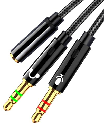 1 Pcs Headphone Microphone Dispenser Cable, Headphone Mic Splitter 3.5mm Jack Audio Mic Braided Adapter Aux Female to 2 Male Cable Compatible with PC Computer Xbox Gaming Headset Speaker (Black)