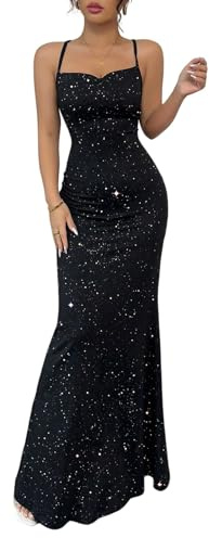 GORGLITTER Robe longue à bretelles spaghetti pour femme - Paillettes - Robe de soirée queue de poisson | Robe longue pailletée - Robe de bal élégante pour femme - Robe de cocktail pour femme