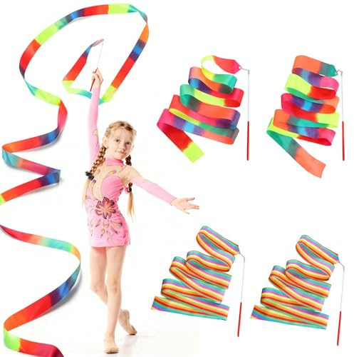 4pcs Rubans de Danse, 2m Gymnastique Rubans de Danse Rythmique Bâton Virevoltant pour Les Spectacles, Couleurs de flamme et d'arc-en-ciel Ruban Grs, Polyester Léger, pour Cours et Spectacles