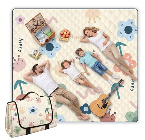 Manta de Pícnic,Manta para Picnic Impermeable 200x200CM, Manta de Camping Grande, Tapete de Picnic al Aire Libre, Alfombra Playa Plegable, con asa para jardín, Picnic, Playa, Camping, HAPPY Flor
