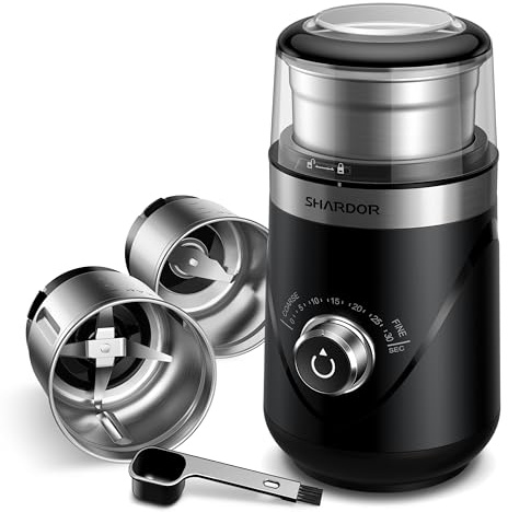 SHARDOR Electric Coffee Grinder and Spice Grinder, 2 Removable Stainless Steel Cups, Timed Rotary Knob for Coffee Beans, Spices, Herbs, Seeds, Wet and Dry Grinding, 70g,Black