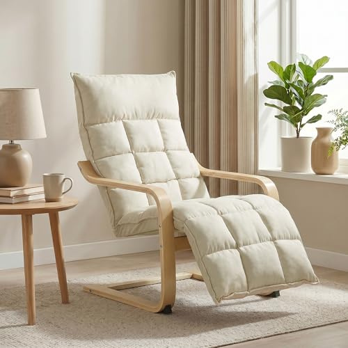HOMCOM Accent Chair, Linen-Look Fabric Armchair with Footrest, Cream White