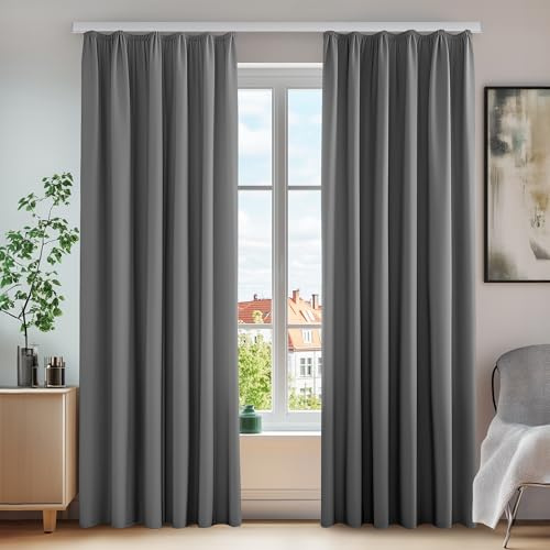 Deconovo Mörkläggningsgardiner, 2-pack, för inredning, med rynkband, för vardagsrum, balkong, fönster, kök, sovrum och barnrum, 140 x 220 cm, ljusgrå