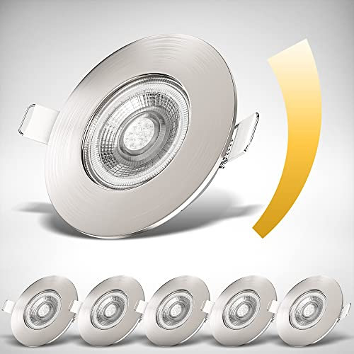 B.K.Licht - 6er Set LED Bad Einbaustrahler 230V dimmbar, flach, warmweiß, LED Spot, Deckenspots, Spots, Einbauleuchten, Einbauspots, Badezimmer, 68mm Lochmass, 90x25 mm, Matt-Nickel