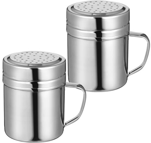 HEMOTON Flour Sugar Salt Shakers, 2Pcs Stainless Steel Chocolate Dredges Shaker with Handle - Ideal for Icing Sugar, Salt, Cocoa, Flour, Chocolate, Cappuccino, Mince Pies, Pancakes
