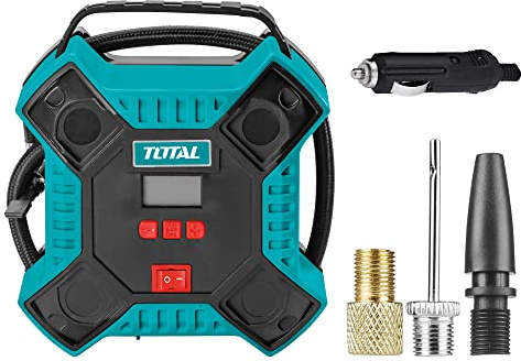 TOTAL - Tragbarer Kompressor mit 12 V | Elektrische Luftpumpe zum Aufblasen von Bällen, Reifen und Matten | mit Adapter zum Aufladen im Auto | inkl. Düsen
