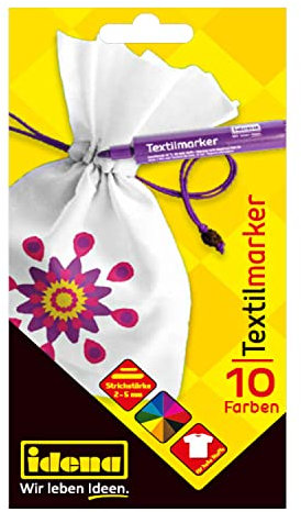 Idena 61044 - Textilmarker für helle Stoffe, 10 Textilstifte in leuchtenden Farben, ideal für T-Shirts, Stoffbeutel und verschiedene Materialien