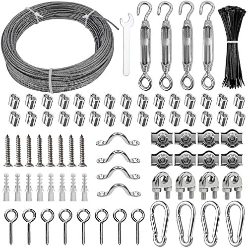 30m Drahtseil Edelstahl, 172 Stück Φ2mm PVC-Ummantelt Stahlseil Kit, Seilspanner Edelstahlseil Seilklemmen, Rankhilfen Stahlseil Vorhang mit Ösen, M4 Spannschloss und Kabelbinder, für Wäscheleine