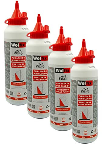 Wolfix Holzleim Wasserfest D4 4 Stück 500g - Sekundenkleber Extra Stark für Holz, Metall und PUR - PVC Kleber, Montagekleber, Bastelkleber und Flüssigkleber - Schnell Trocknender Holzspachtelmasse