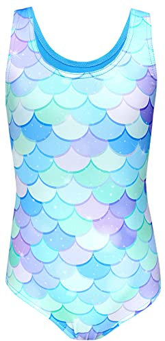 Aquarti Badeanzug Mädchen – Sportlicher Mädchen Badeanzug mit Ringerrücken Print, Farbe: Meerjungfrau Blau/Grün/Violett, Größe: 122