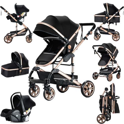 Prokoke Kinderwagen 3 in 1, Kinderwagen mit Rahmen Aluminiumlegierung, Kombikinderwagen 3 in 1 Einem Klick Faltbar, Buggy mit Umkehrbarem Zwei-Wege-Schub Baby Kleinkind Neugeborene (739 Black Gold)