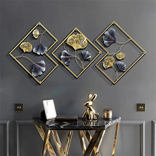 XUEMANSHOP 3 Stück Metall Wanddeko, Wanddekoration Gold Ginkgo, 3D Home Wall Art Dekoration mit Spurloser Haken für Zuhause Büro Schlafzimmer Wohnzimmer und Küche
