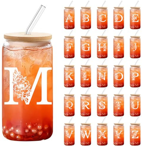 DETENE 550ML Verre avec couvercle et paille Tasse à smoothie en verre personnalisée Verres réutilisables avec couvercle Choix de cadeaux d'anniversaire ou de Noël pour hommes et femmes (M)