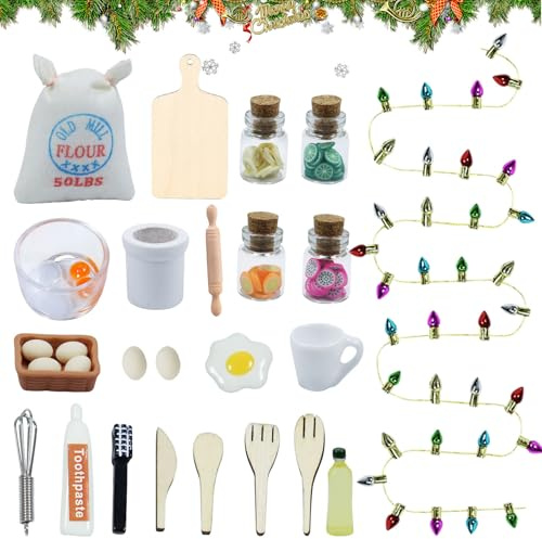 Lot de 27 accessoires de lutin de Noël, lutin de cuisine, lutin de Noël, accessoires de maison de poupée, vaisselle miniature de lutin pour décoration DIY fille