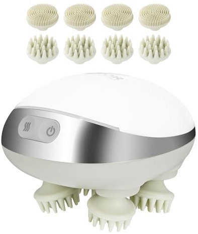 VEVOR Elektrisches Kopfhautmassagegerät, Kopfmassagegerät IPX7 wasserdicht, mit 8 abnehmbaren Massageköpfen und 4-Modi, 80-90 Knetpunkte, Ideal für Haarwachstum, Tiefenreinigung, Stressentspannung