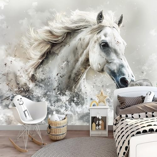 Papel Pintado de Tela No Tejida, Caballo blanco en acuarela Papel Pintado Impreso de Fondo, Blanco Revestimiento Decorativo de Tela No Tejida para Sala de Estar Y Dormitorio 250 x 175 cm