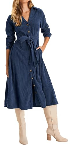 R.Vivimos Automne Hiver Femmes Robe Manches Longues Bouton Midi Col V Cravate Taille Robe Corduroy Robes Chemise avec Poches(XL,NavyBlue)