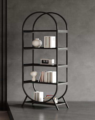 Kogven Bookshelf Arched Bookcase, Industrial 5 Tier Open Book Shelves with Metal Frame, 72 Tall Freestanding Display Rack for Home Office, Living Room, Black