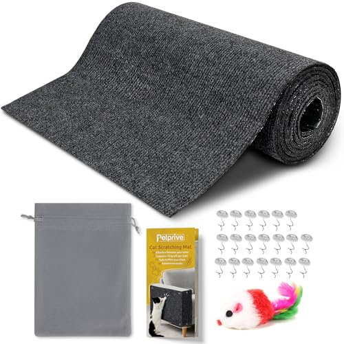 Petprive Kratzmatte Selbstklebend als Kratzschutz Sofa Katze 300x40cm XL Schwarz Mit Spielzeug, Befestigungshaken und Tasche - Kratzmatte Katze - Kratzfolie Katzen Selbstklebend - Kratzecke Für Katzen