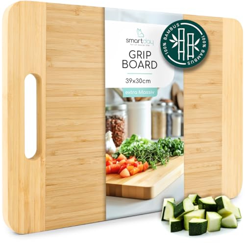 smartday Skärbräda med trähandtag 100 % bambu – köksbräda massiv och skärbeständig I träskärbräda, skärbräda – träbräda för kök och servering
