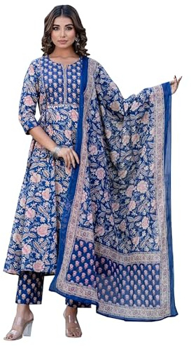 TRAFAART Ensemble Kurta Indien en Coton pour Femme Coupe Trapèze Pantalon Kurti à Paillettes et Dupatta