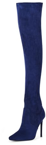 GENSHUO Botas altas hasta el muslo para mujer con tacón de 11 cm de alto, piel de ante sintética, punta sexy, botas largas con tacón de aguja, Ante azul marino, 37 EU