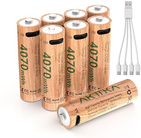 AKTTKA Piles AA Rechargeables 4070mWh-1,5V Lithium AA Batterie Lot de 8 avec Câble de Charge de Type C- Pas de Chargeur nécessaire, 4H de Charge Rapid