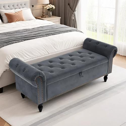 Clevich Sitzbank mit Stauraum 133cm, Samtmaterial, Umdrehen Mit Booster-Gasstange, Fußstütze mit stabilen Holzbeinen, Sofabank fur Flur, Schlafzimmer, Wohnzimmer, 133x53x46 cm, Grau