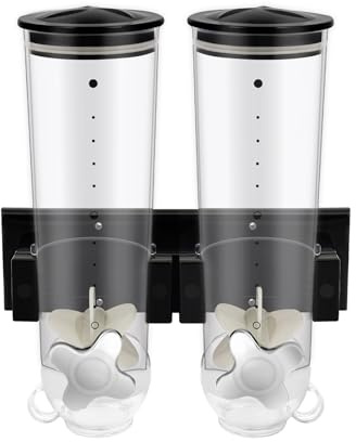 Endingfuny Dispensador de cereales de pared de 3 L, con 2 tazas, dispensador de cereales doble, dispensador de aperitivos, dispensador de alimentos secos, dispensador de cocina para cereales, cereales