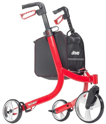 Drive Medical Nitro 3 Wheel Rollator Walker, Ultra Lightweight Rollator Walker with Wheels, Folding Rollator for Seniors and Adults, Red