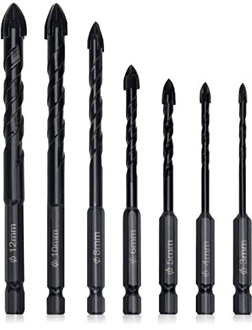 Zhaoyao 7 Pieces Masonry Drill Bits, Cross Bit Universal Drilling Tool 3mm 4mm 5mm 6mm 8mm 10mm 12mm for Glass, Ceramic Tile, Plastic, Wood, Concrete Wall