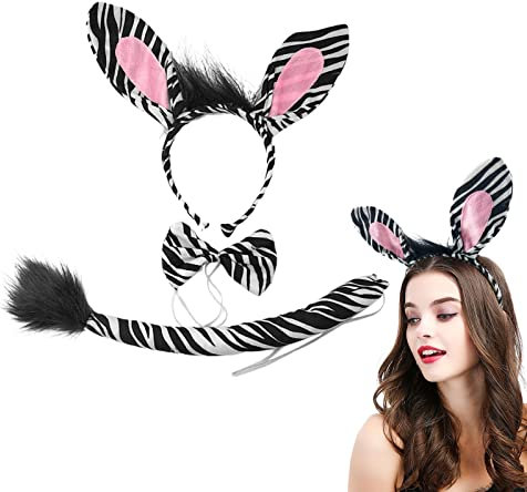 TSHAOUN Kostüm-Set Zebra, Tierkostüm Set mit Zebra-Stirnband, Fliege, Schwanz, Kostüm Party Dekoration Zubehör, für Karneval, Halloween, Geburtstag, Weihnachten