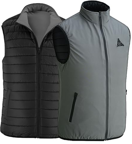Ambick Chaleco de golf para exteriores de dos vías para hombre, chaleco acolchado reversible, chaleco ligero plegable acolchado y aislado, chaleco de abrigo resistente al agua y cálido (M, Gris)