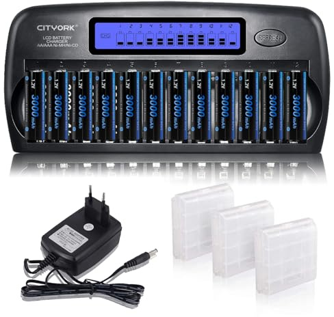 CITYORK Kit de cargador de batería LCD de 12 bahías para pilas AA AAA NI-MH NI-CD con 6 pilas AA de 3000 mAh y 6 pilas AAA de 1100 mAh recargables (fuente de alimentación)