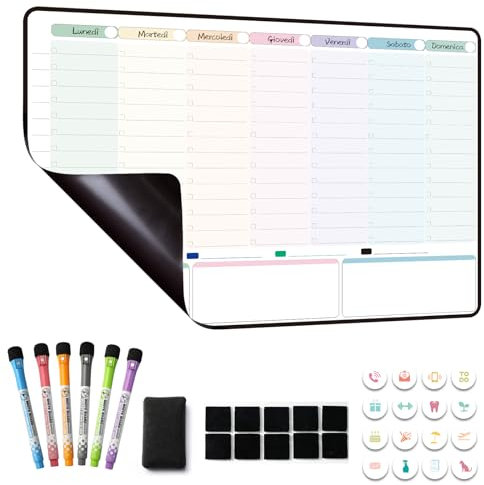 MCCORL Lavagna Settimanale Magnetica Frigo, Calendario Famiglia magnetico, Planner Settimanale,To Do List, Cancellabile per Cucina 42×28cm -in italiano