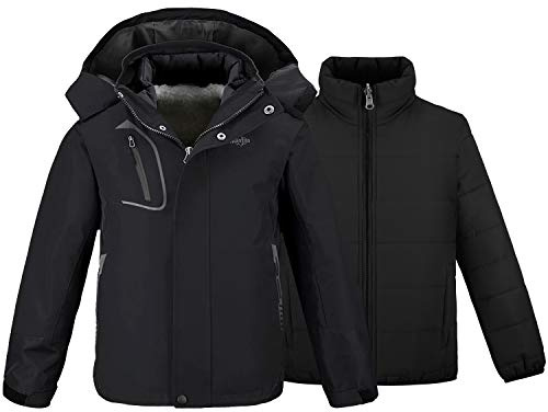 wantdo Boys' 3 in 1 Snowboard Jacket Hooded Warm Winter Coat Fleece-Lined Waterproof Black 18 20