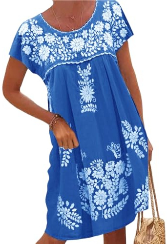 Melliflo Mexican Dress for Women Short Sleeve Floral Embroidered Fiesta Dress Loose Linen Peasant Dresses(BL, XL) Blue