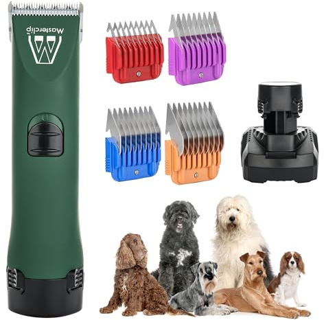 MASTERCLIP Cordless Dog Clipper for Home Grooming – Low Noise, Rechargeable & Heavy Duty – Ideal for Thick, Curly, Silky & Long Coats – 2 Batteries, 10 Blade, 4 Combs, Oil & Brush