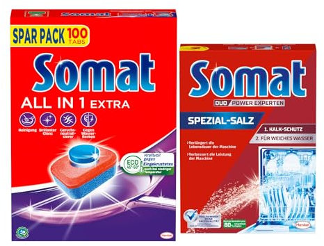 SOMAT Tabs 100 AW all in 1 Extra, Geschirrspül Tabs für Sauberkeit auch bei niedrigen Temperaturen, bekämpft eingetrocknete Rückstände + SOMAT 5in1 Spezial-Salz 1,2kg