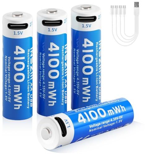 insziii 4100mWh Rechargeable Lithium AA Batteries 4 Pack, 1.5V USB Double A Lithium-ion Batteries AA Size, Long Lasting 1200 Cycles, High Capacity Battery for Toys, Flashlight, Smart Door Lock