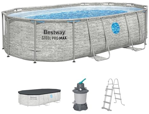 Bestway Power Steel Swim Vista Series Frame Pool Komplett-Set mit Sandfilteranlage 488 x 305 x 107 cm, Steinwand-Optik (Cremegrau), oval