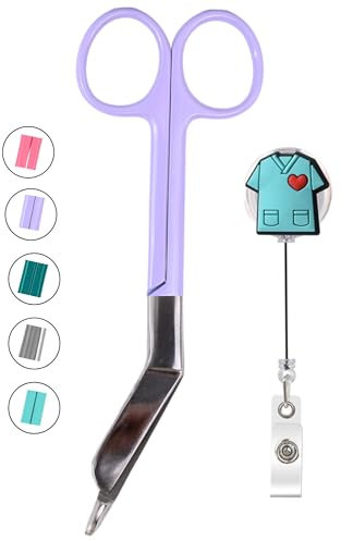 YUME Forbici Infermiere + Portachiavi retrattile regalo | Forbici Infermiera per Bendaggio | Forbici infermiera Curve, Punta Arrotondata (VIOLA)