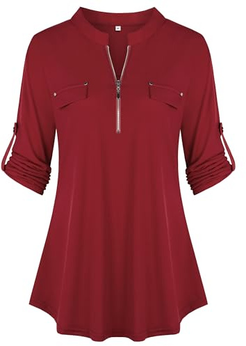 LaLaLa Damblusar kortärmad tunika ledig V-ringad skjortor sommar elegant, A_bordeaux 2, XXL