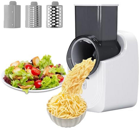 mumisuto Electric Cheese Grater, Electric Grater for Kitchen with Large Chute, Automatic 3 in 1 Rotary Cheese Grater Vegetable Slicer Electric Grater for Cheese and Vegetables with 3 Blades (White)