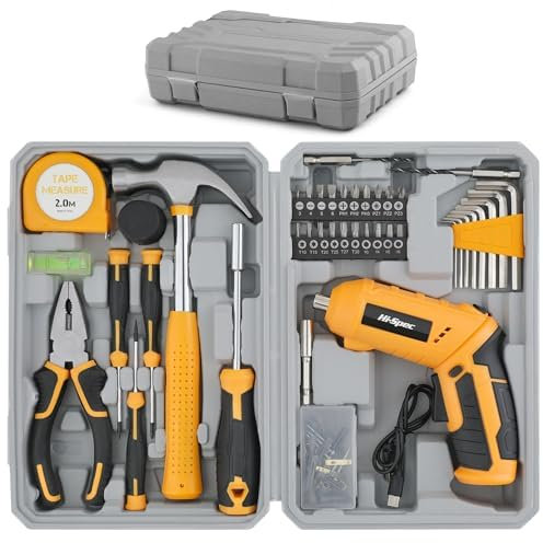 Hi-Spec Kit 42 pcs Tournevis Électrique USB 4V & Outils de Maison. Visseuse Sans Fil et Outils Manuels dans une Mallette Compacte