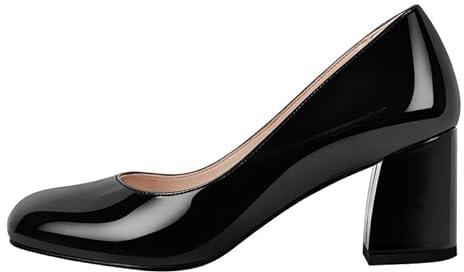 Meinabsatz Damen Pumps Blockabsatz Damenschuhe Runde Schlupfschuhe Chunky Heels Slip on Lackleder Schwarz 40 EU