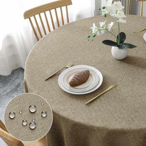 AooHome Tablecloth Round Φ160cm, Mokka Linen Look Tablecloths Washable Polyester Tablecloth Water-repellent with Lotus-effect, Durable Scratch Resistant for Living room, Dining room, Balcony, Garden